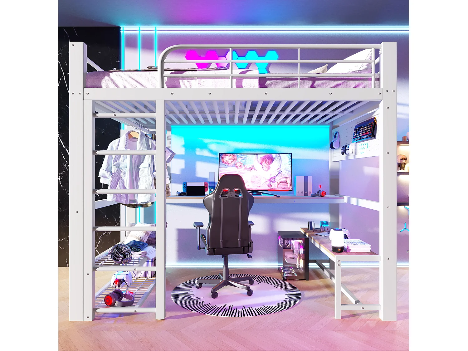 Łóżko piętrowe metalowe dla dzieci - 140 x 200 cm - z oświetleniem LED + półki + biurko + suszarka na ubrania - białe 4918185 - obrazek 1