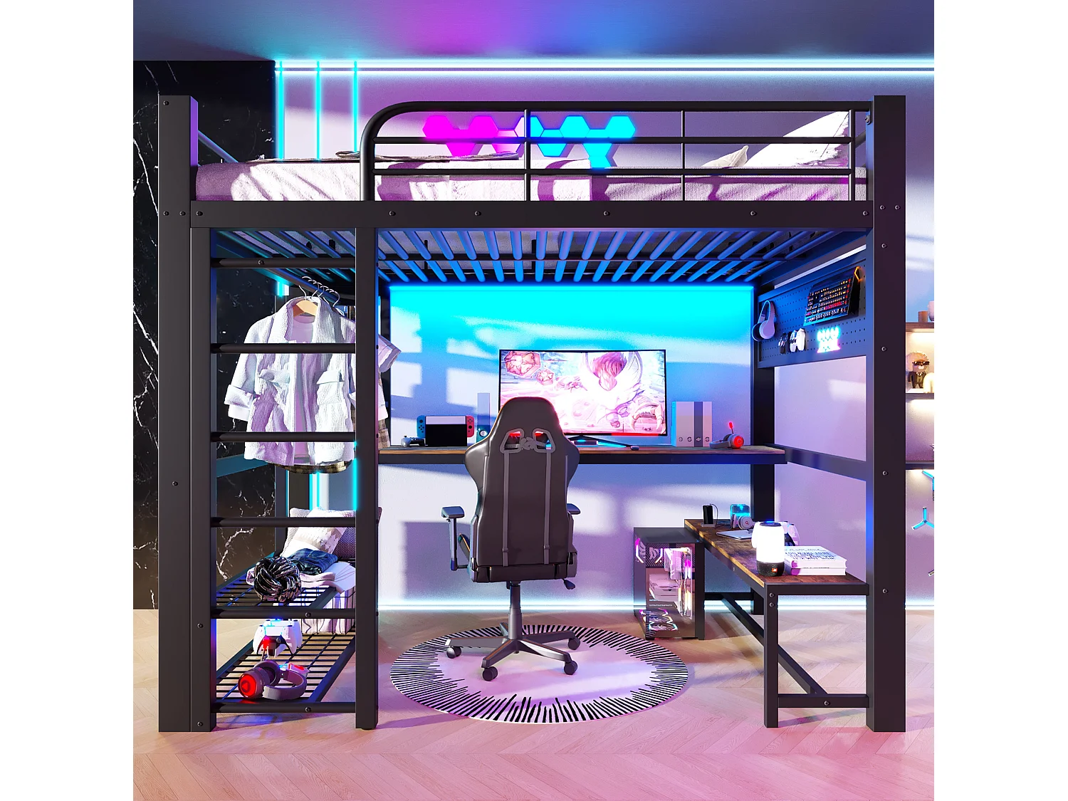 Łóżko piętrowe metalowe dla dzieci - 140 x 200 cm - z oświetleniem LED + półki + biurko + suszarka na ubrania - czarne 4918192 - obrazek 1