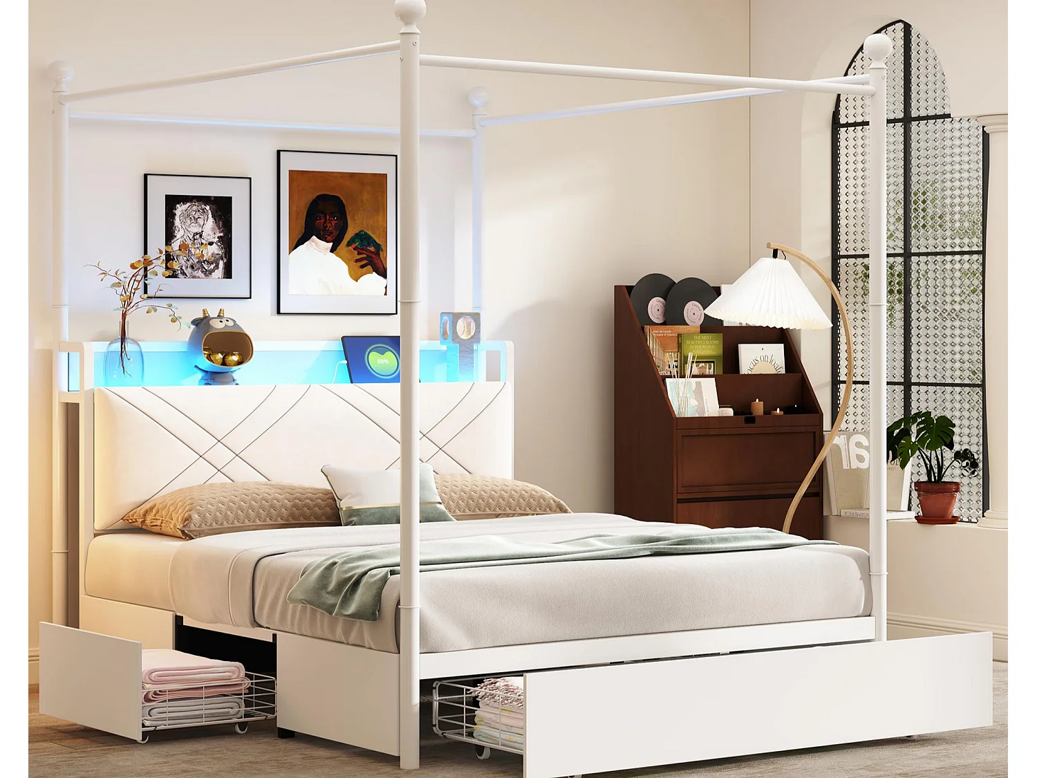Łóżko podwójne 140×190 cm – Oświetlenie LED + port ładowania USB/Type-C – 3 szuflady – Wyjmowane słupki łóżka – biały 4918580