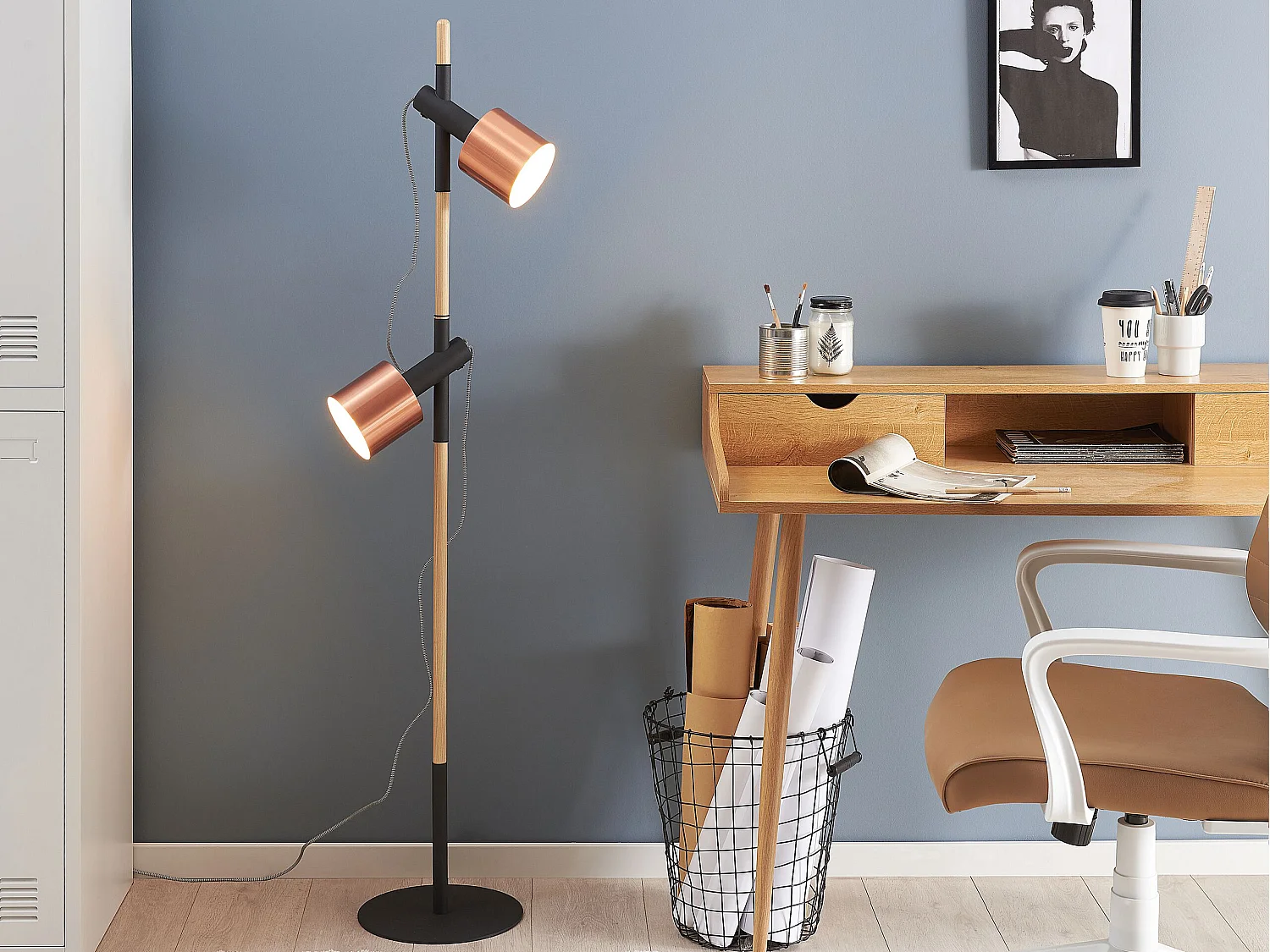Lampa podłogowa OWENS Regulowana Drewno Czarny 152081