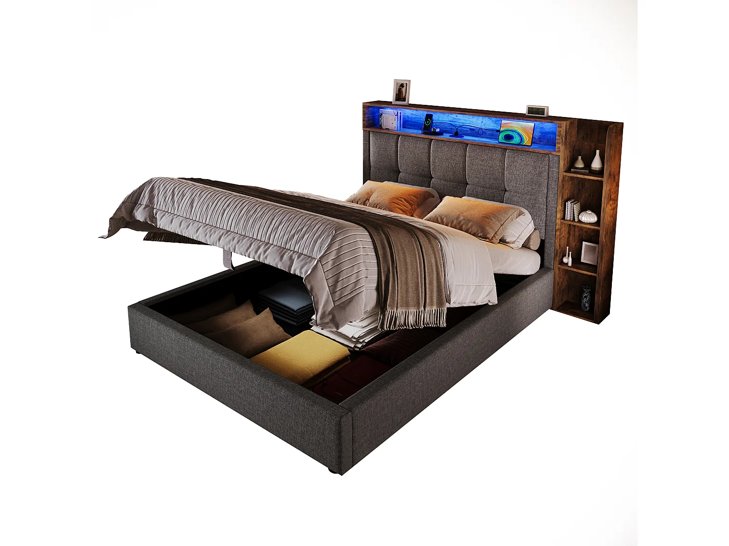 Łóżko tapicerowane z pojemnikiem - 90 x 200 cm - z portem USB, oświetleniem LED, zagłówkiem i półką - len - szary 4755867 - obrazek 1