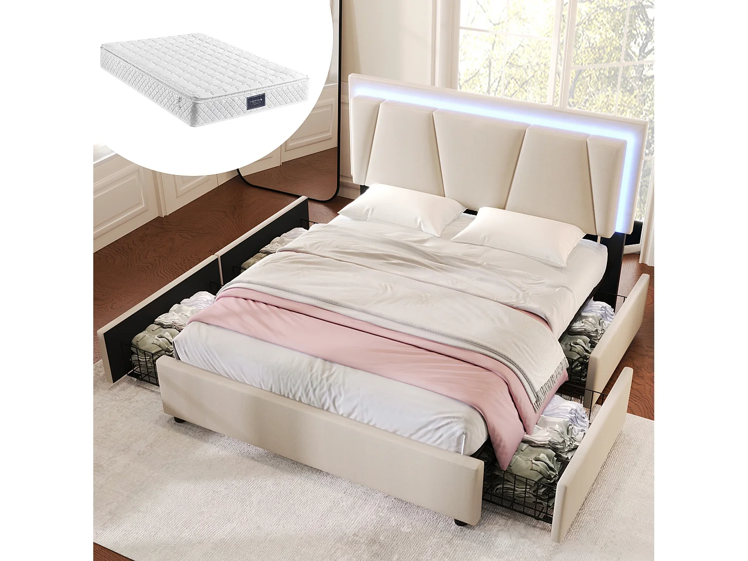 Łóżko tapicerowane dwuosobowe - 160 x 200 cm - z oświetleniem LED + 4 szuflady + regulowany zagłówek - drewno - beżowe (z materacem) 4919962 - obrazek 1