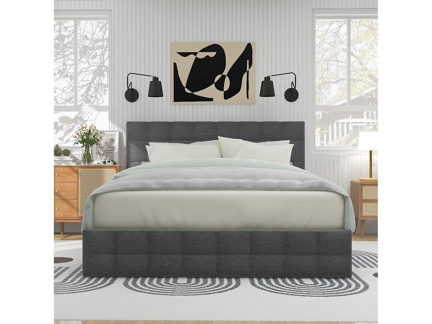 Łóżko tapicerowane dwuosobowe - 140 x 200 cm - z 4 szufladami + regulowany zagłówek - metalowy stelaż - len - szary (z materacem) 4919959 - obrazek 1