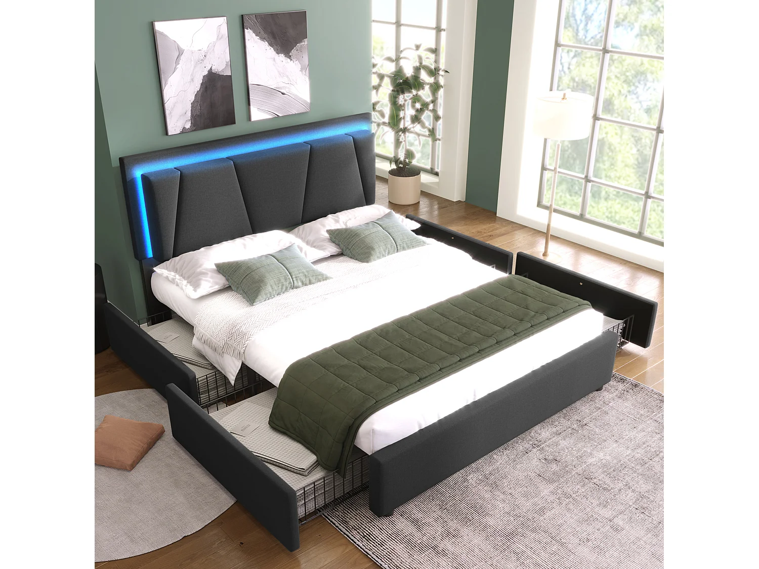 Łóżko tapicerowane dwuosobowe - 160 x 200 cm - z oświetleniem LED + 4 szuflady + regulowany zagłówek - drewno - kolor szary 4919958 - obrazek 1