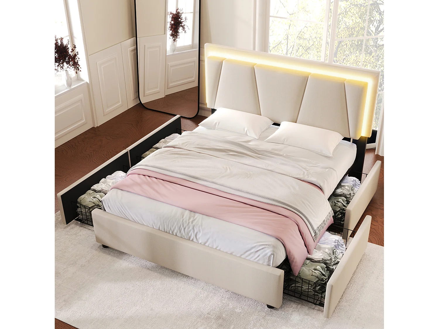 Łóżko tapicerowane dwuosobowe - 160 x 200 cm - z oświetleniem LED + 4 szuflady + regulowany zagłówek - drewno - beż 4919963 - obrazek 1