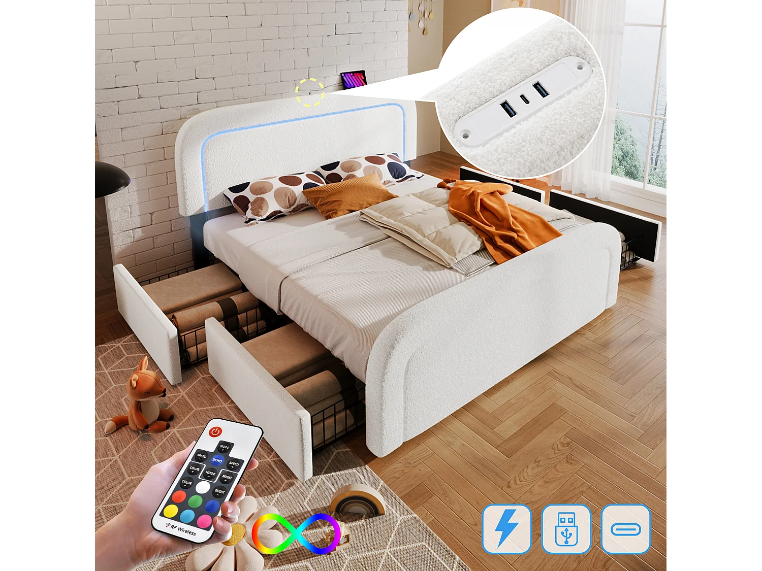 Łóżko tapicerowane dwuosobowe - 160 x 200 cm - z USB + LED + 4 szuflady + regulowany zagłówek - Sherp - białe 4919960 - obrazek 1