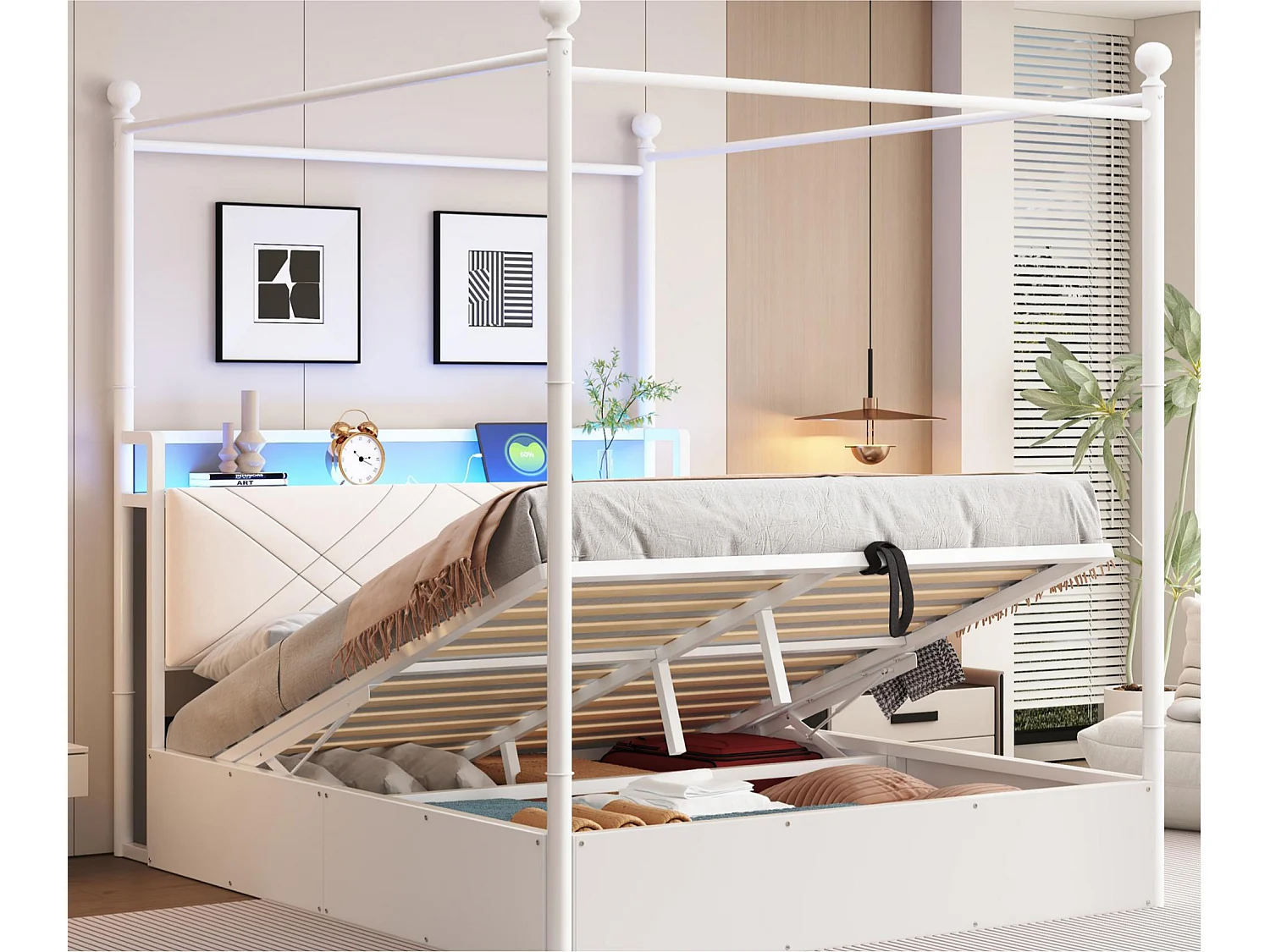 Łóżko podwójne z pojemnikiem 140x190 cm - z metalowym baldachimem - Wyjmowane słupki łóżka - z LED i portem USB/Type-C - biały 4919966 - obrazek 1