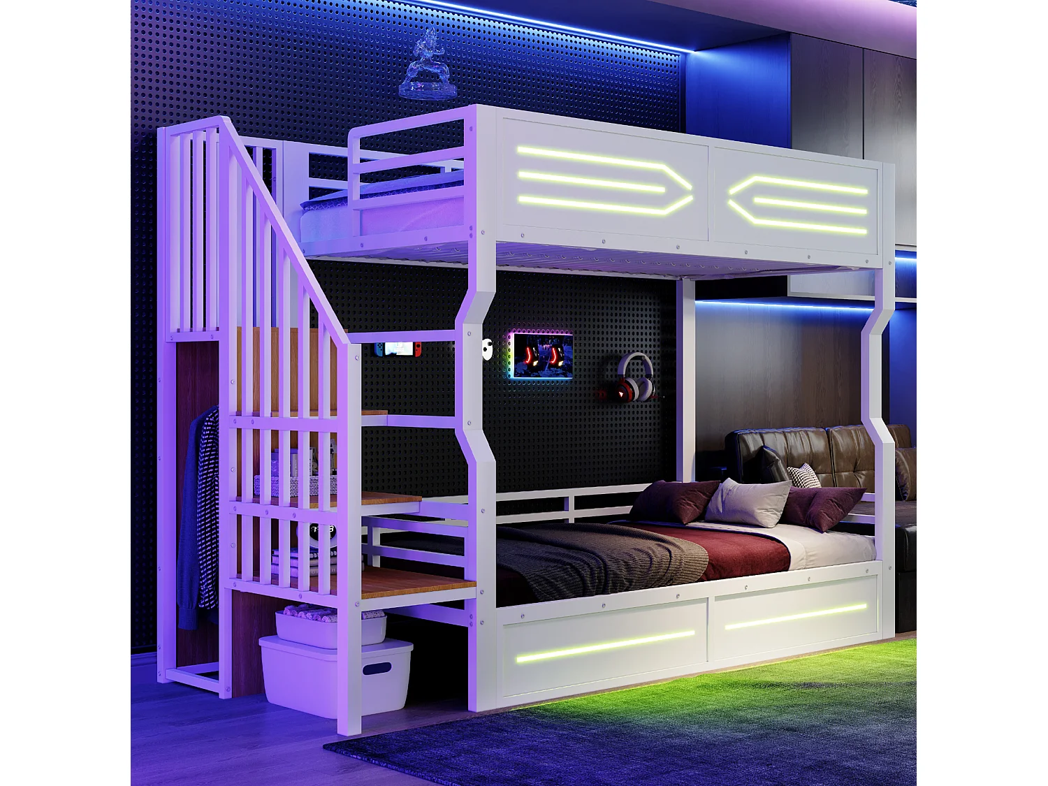 Łóżko piętrowe dla dzieci z kutego żelaza - 2 x 90 x 200 cm - z diodami LED + drabinka - płyta MDF + metal - białe 4919991 - obrazek 1