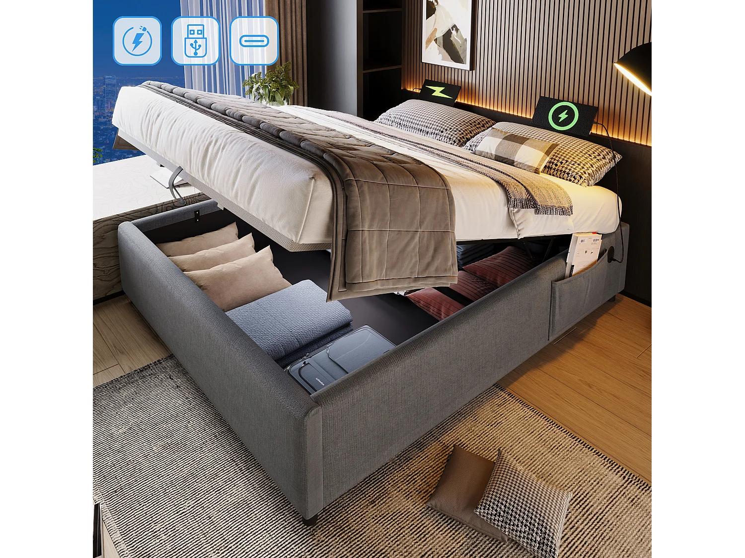 Łóżko tapicerowane dwuosobowe z pojemnikiem - 160 x 200 cm - z USB-C + stelażem - bez zagłówka - bawełna - szare 4919995 - obrazek 1