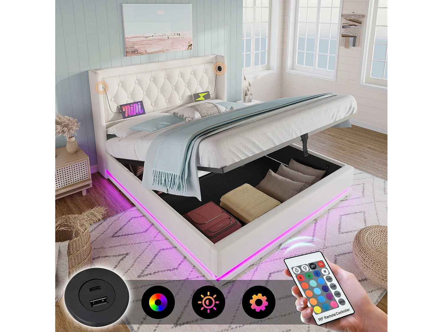 Łóżko tapicerowane dwuosobowe ze schowkiem - 180 x 200 cm - z zagłówkiem + portem USB + oświetleniem LED + hydraulicznym schowkiem - Bawełna - białe 4919998 - obrazek 1