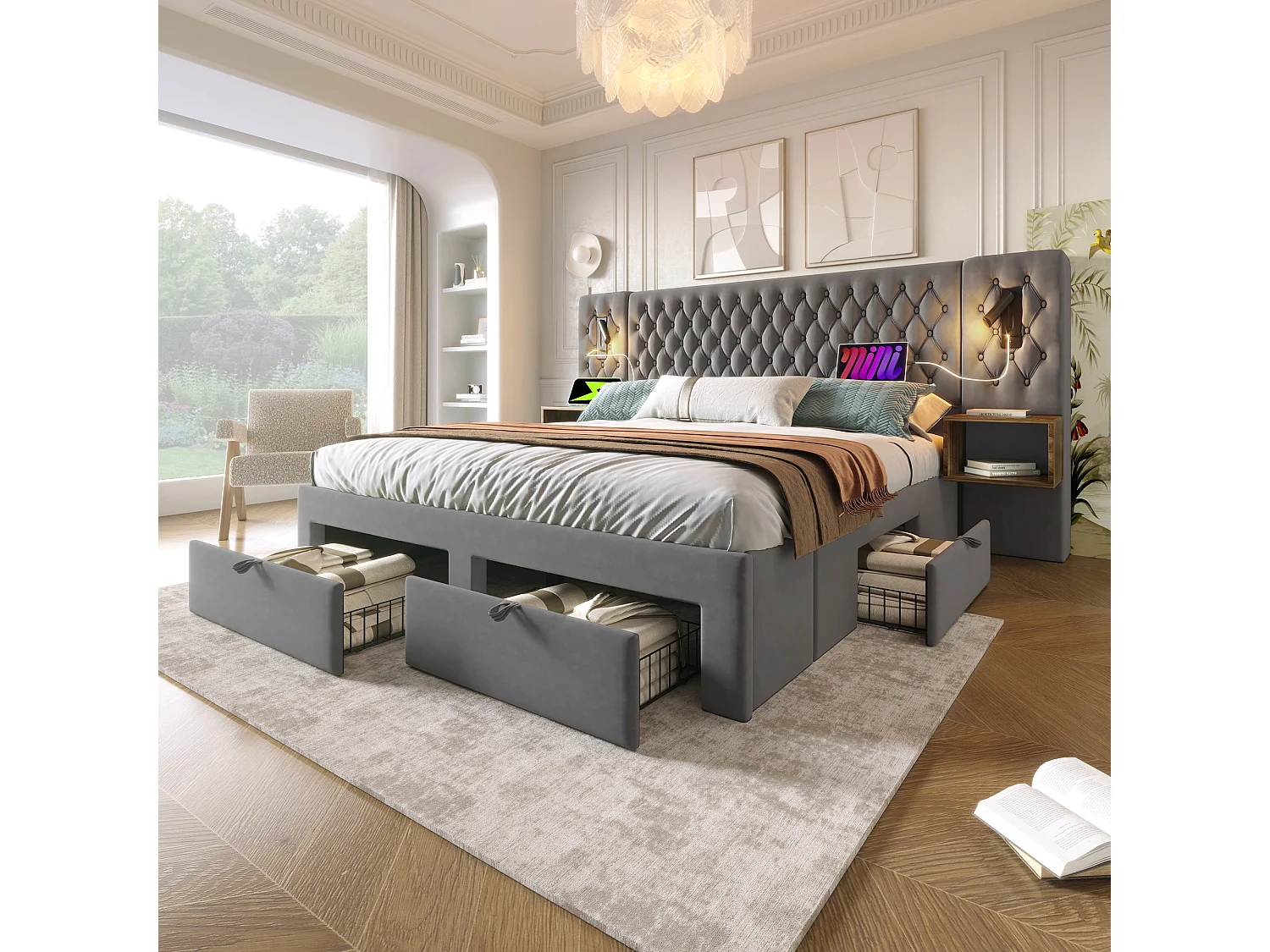Łóżko tapicerowane z pojemnikiem na pościel, 180 x 200 cm, 2 szafki nocne + 4 szuflady + lampka do czytania + port USB - aksamitne - szare 4920000 - obrazek 1