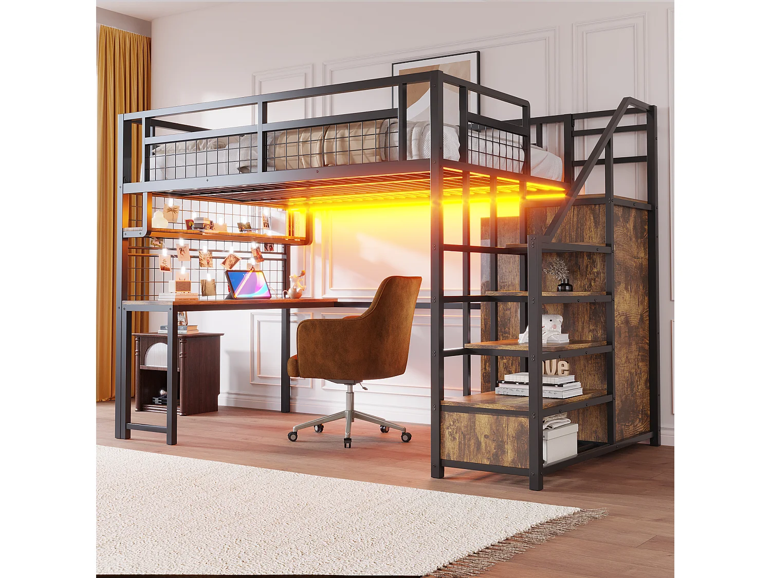 Łóżko piętrowe metalowe dla dzieci - 140 x 200 cm - z drabinką + szafa + półka + stolik + diody LED - czarne 4920006 - obrazek 1