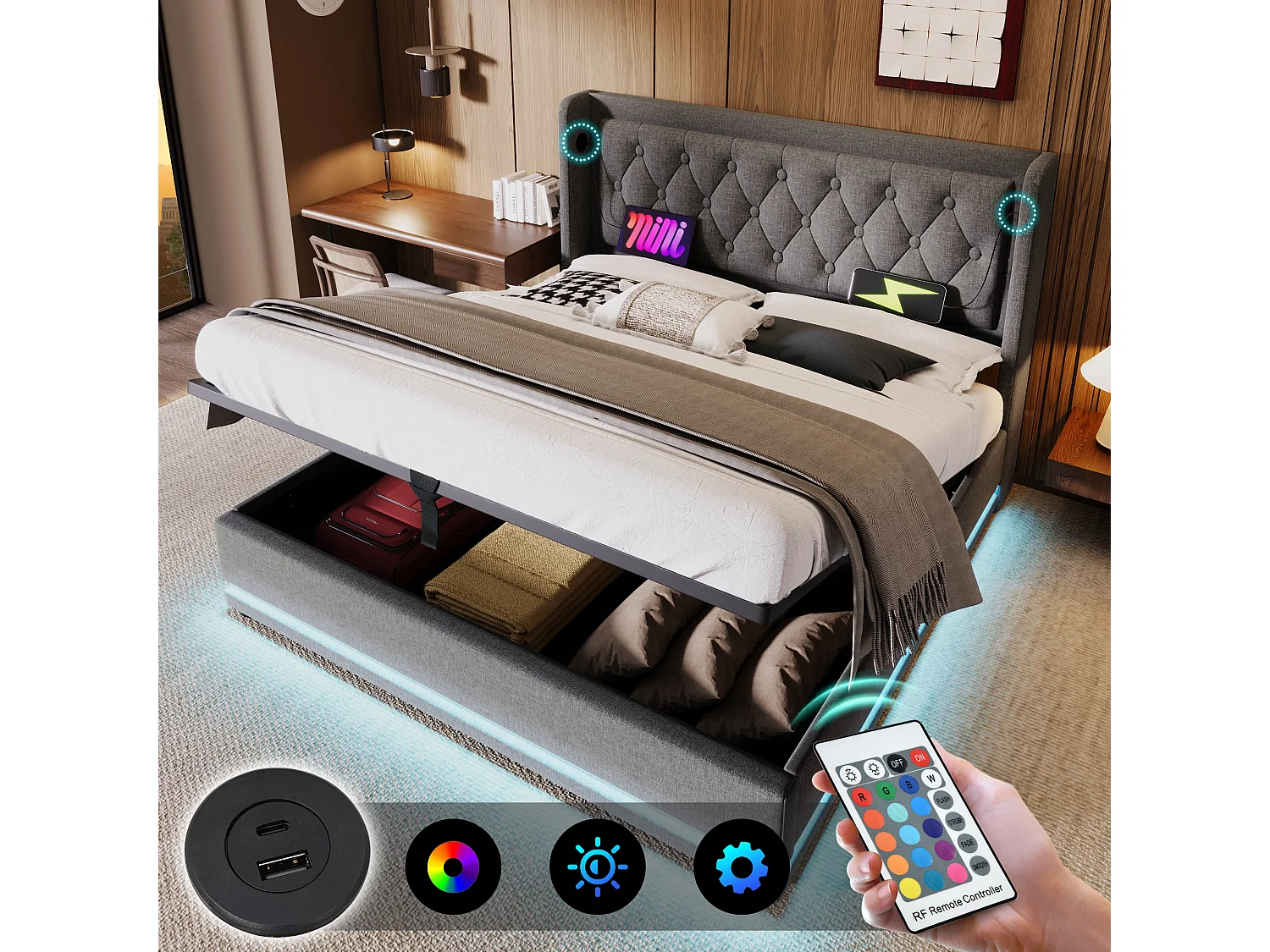 Łóżko tapicerowane dwuosobowe ze schowkiem - 180 x 200 cm - z zagłówkiem + USB + diodami LED + hydraulicznym schowkiem - Bawełna - szary 4920007 - obrazek 1