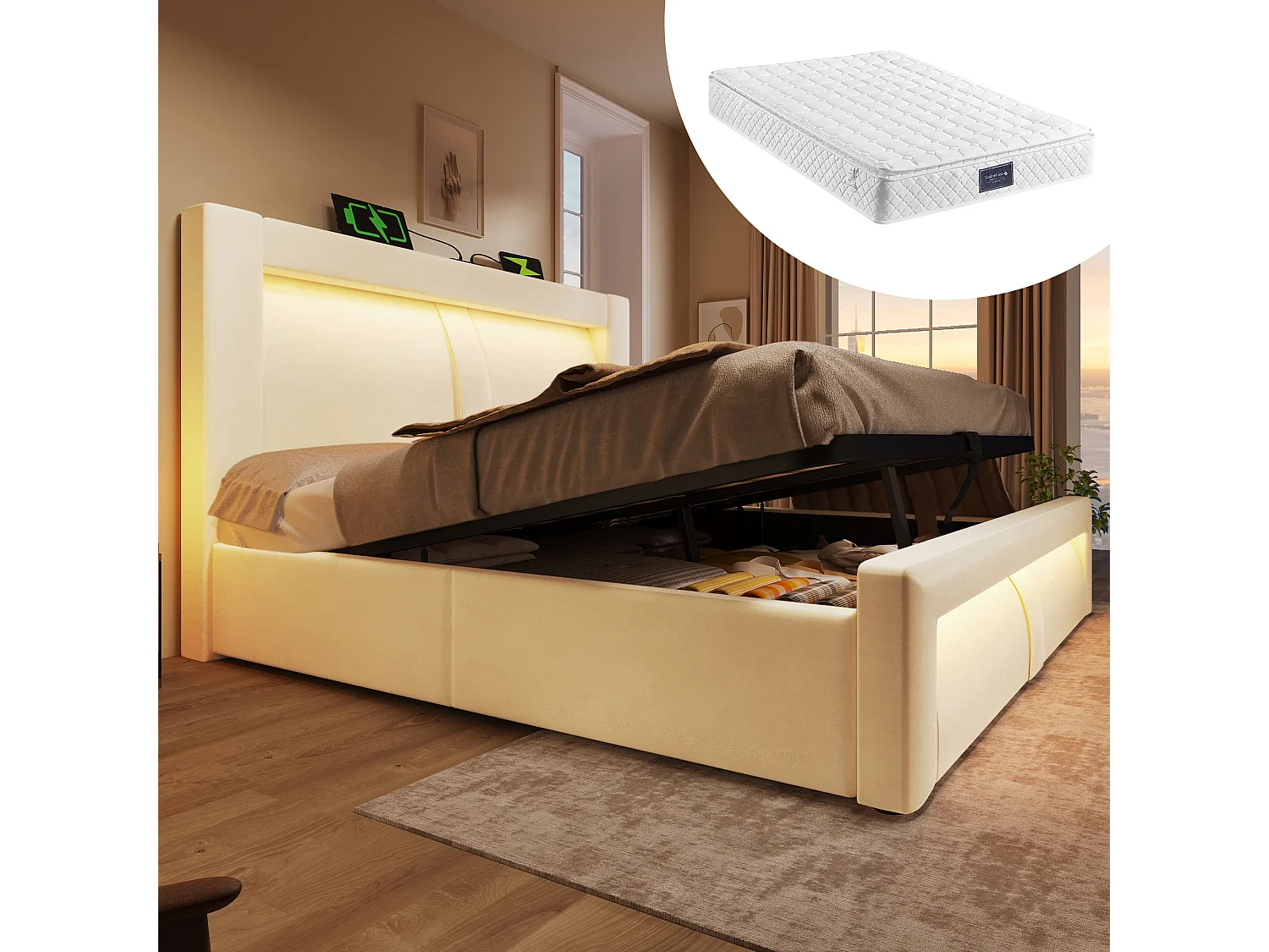 Łóżko podwójne ze schowkiem - 140 x 200 cm - z hydraulicznym schowkiem + LED-y + USB i Type-C + zagłówek - welurowe - beżowe (z materacem) 4920012 - obrazek 1