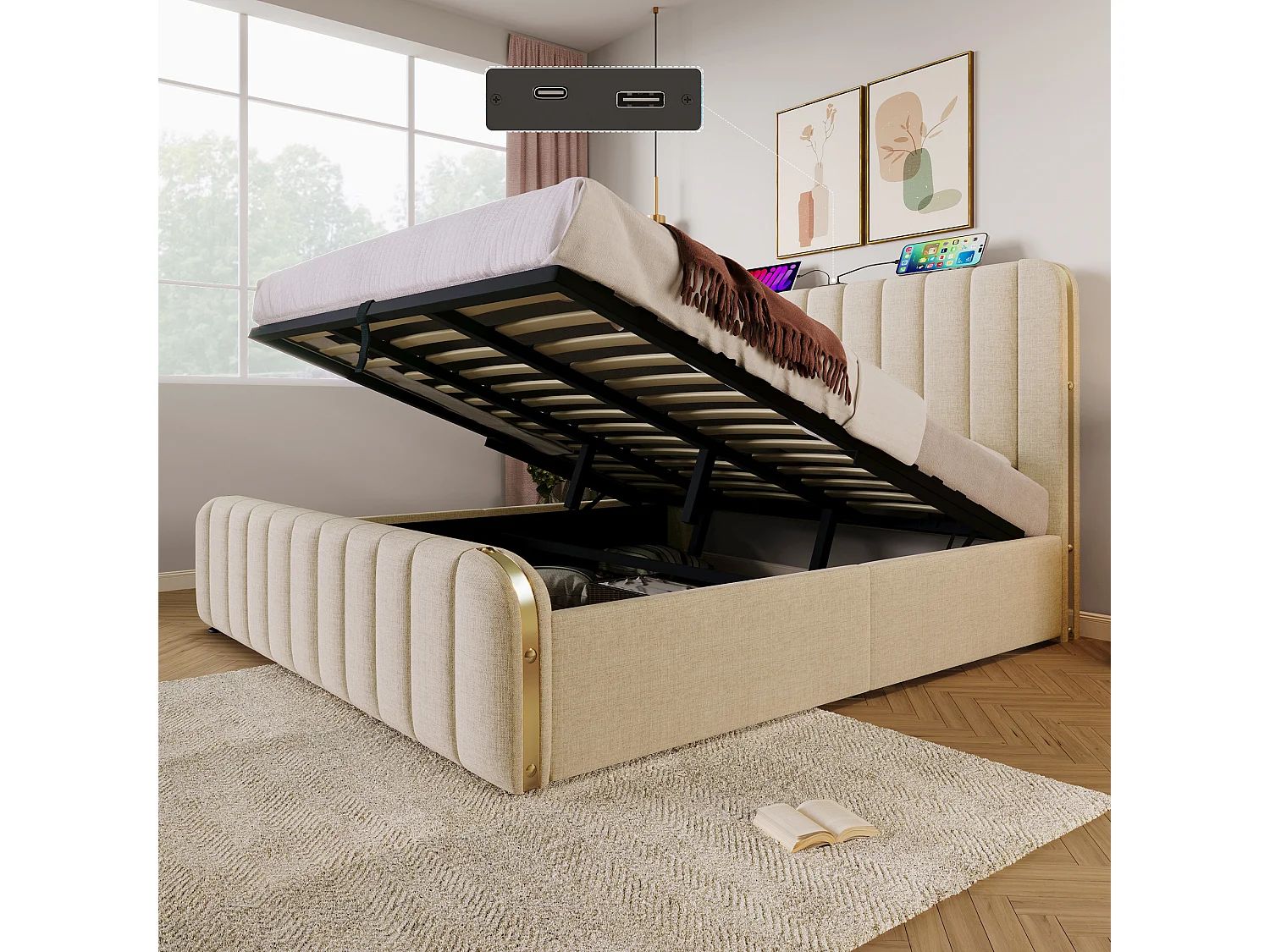 Łóżko tapicerowane dwuosobowe ze schowkiem - 180 x 200 cm - z zagłówkiem + portem USB + hydraulicznym schowkiem - len - beż 4920010 - obrazek 1