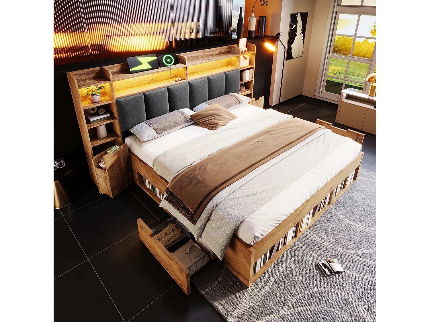 Łóżko podwójne z pojemnikiem w wykończeniu dębowym - 180 x 200 cm - z zagłówkiem + oświetlenie LED + stoliki nocne + szuflady - drewno - naturalne 4920011 - obrazek 1