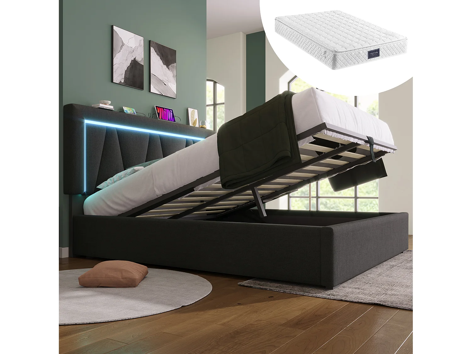 Łóżko tapicerowane dwuosobowe z pojemnikiem - 160 x 200 cm - z diodami LED + USB + stelaż - len - szary (z materacem) 4920024 - obrazek 1