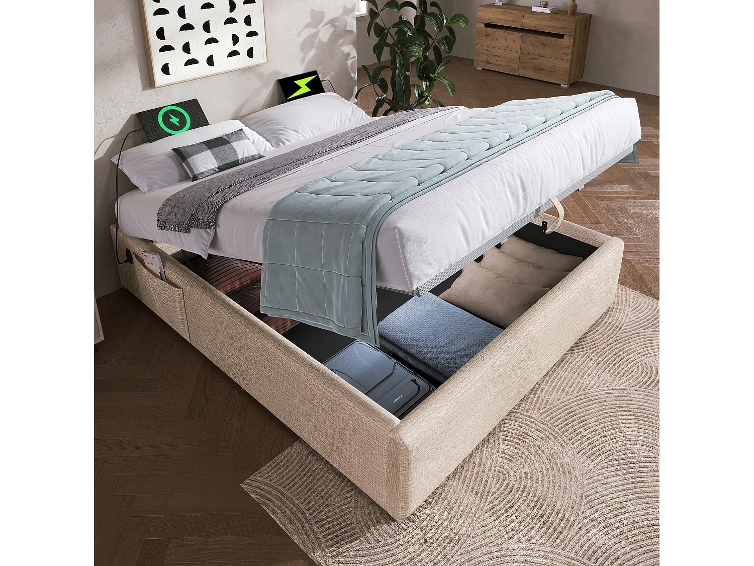 Łóżko tapicerowane dwuosobowe z pojemnikiem - 160 x 200 cm - z USB-C + stelażem - bez zagłówka - bawełna - beżowy + naturalny 4920023 - obrazek 1