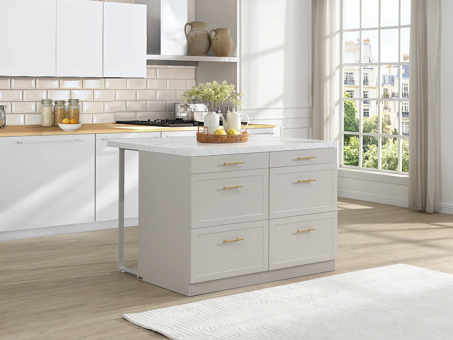 Wyspa kuchenna z 6 szufladami z MDF i metalu – Beżowa, efekt białego marmuru – LASKINA 4706208