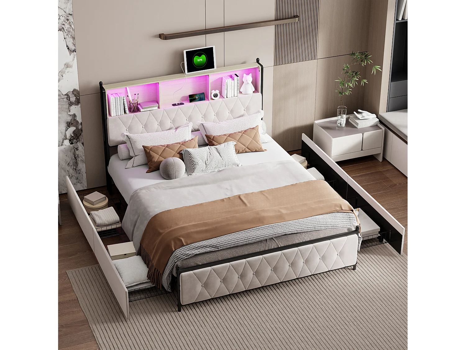 Łóżko Pikowane 160x200 cm Beżowy Aksamit z LED RGB, Portami USB-C, 4 Szufladami i Stelażem Listwowym 4749904 - obrazek 1