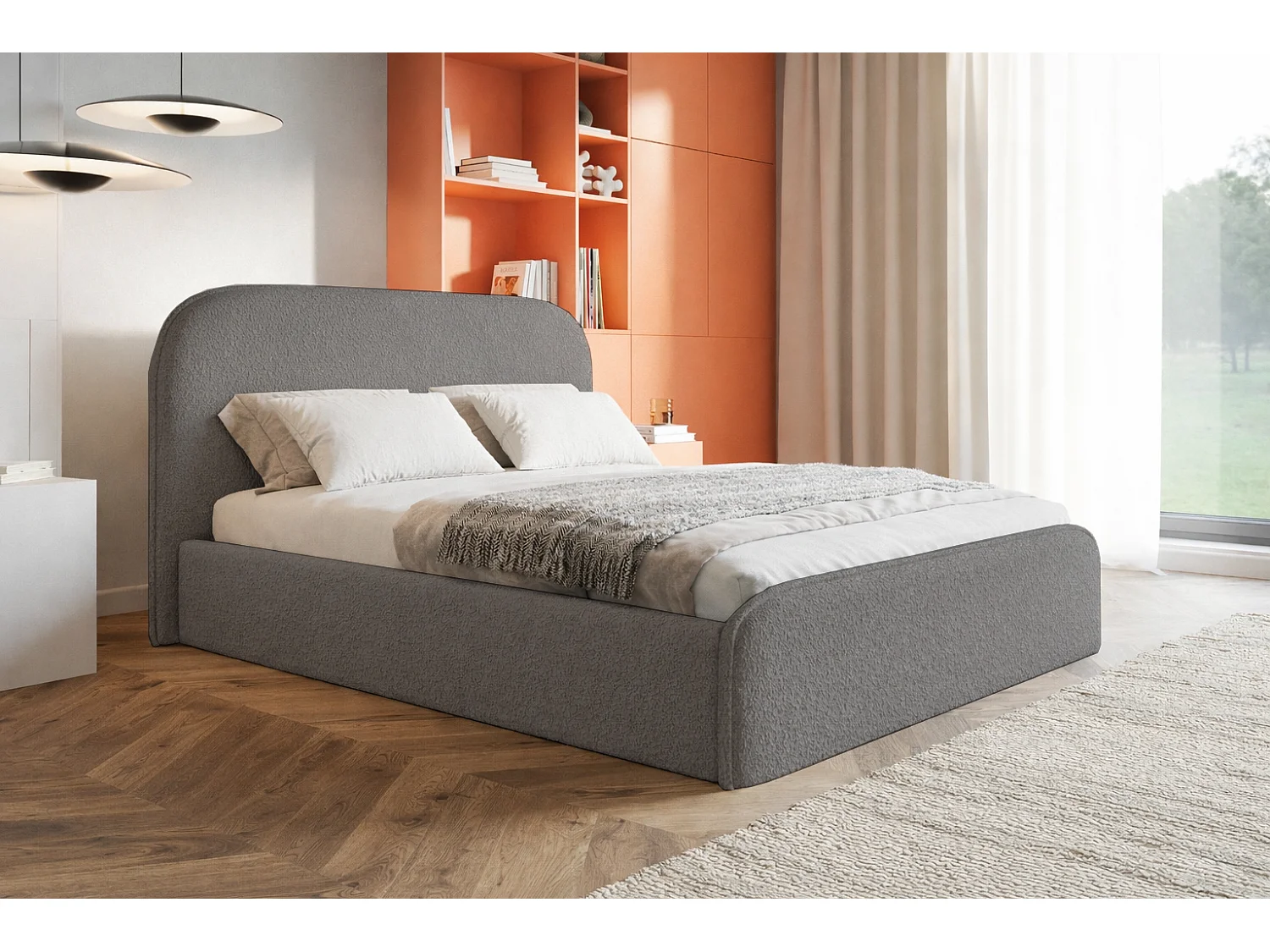 Łóżko tapicerowane 140×200 Wendra – stelaż, okrągłe zagłowie, boucle – szary (Catch Me 25) 4869749