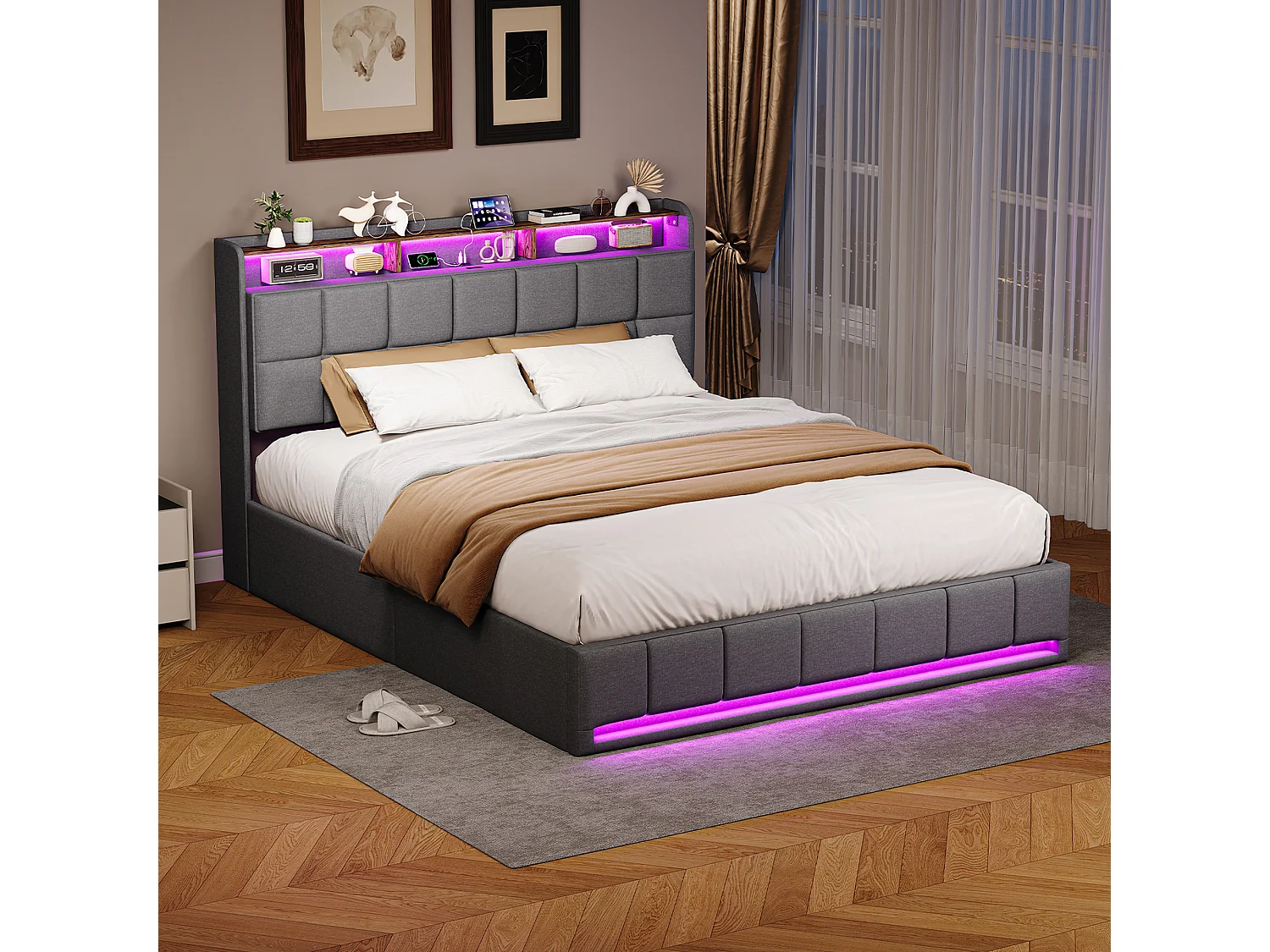 Łóżko podwójne 140×190 cm szare z lnu z przechowywaniem, LED RGB, port USB i 3 wysuwanymi szufladami 4923057