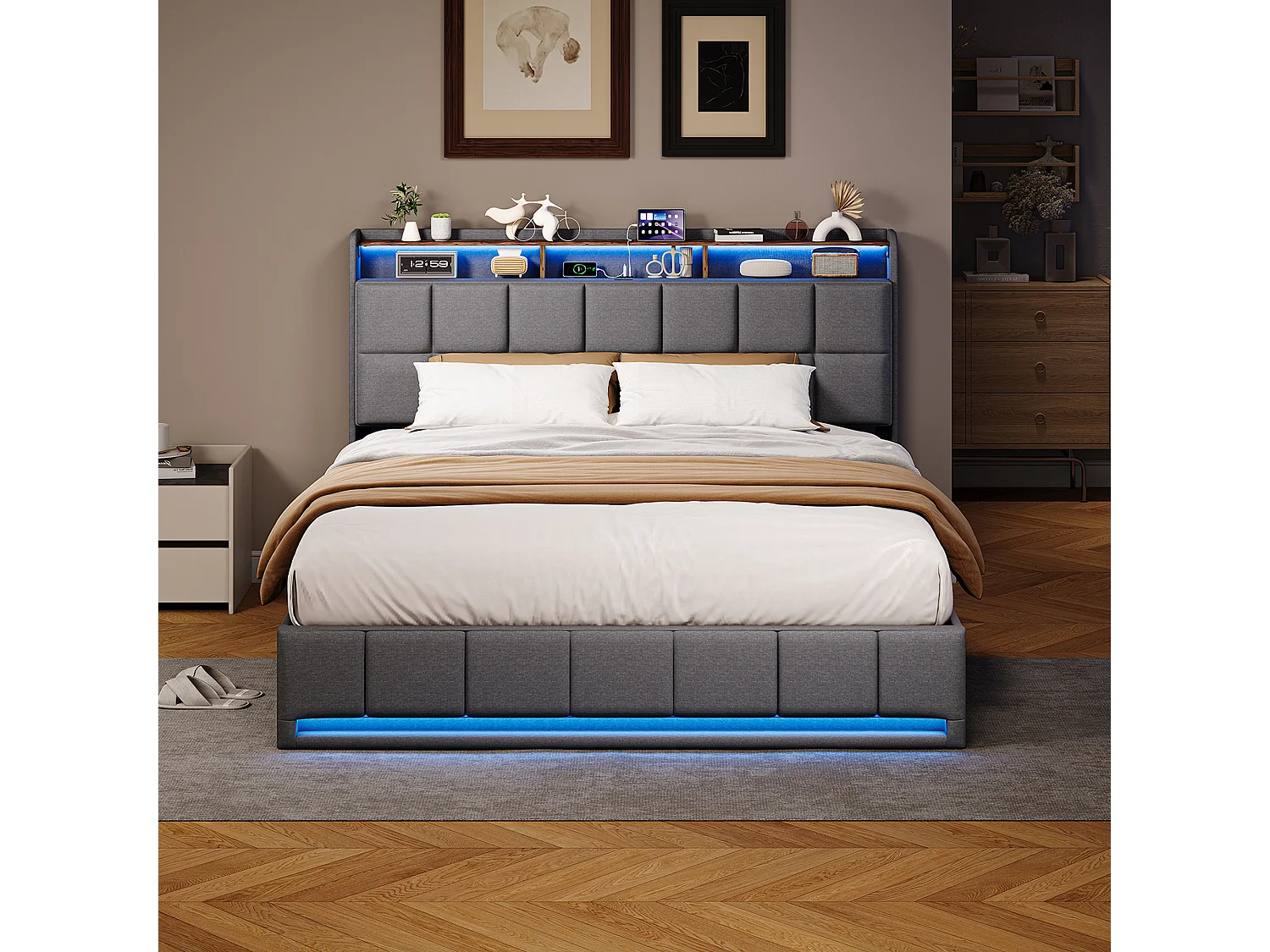 Łóżko podwójne 140x200 cm szare z przechowywaniem, oświetleniem LED RGB, portem USB i oddychającą tkaniną lnianą 4923062 - obrazek 1