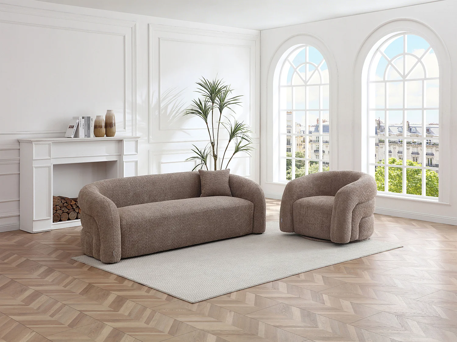 Kanapa 3-osobowa i fotel z tkaniny z bukli w kolorze taupe LAPIOTA od Maison Céphy 4911999