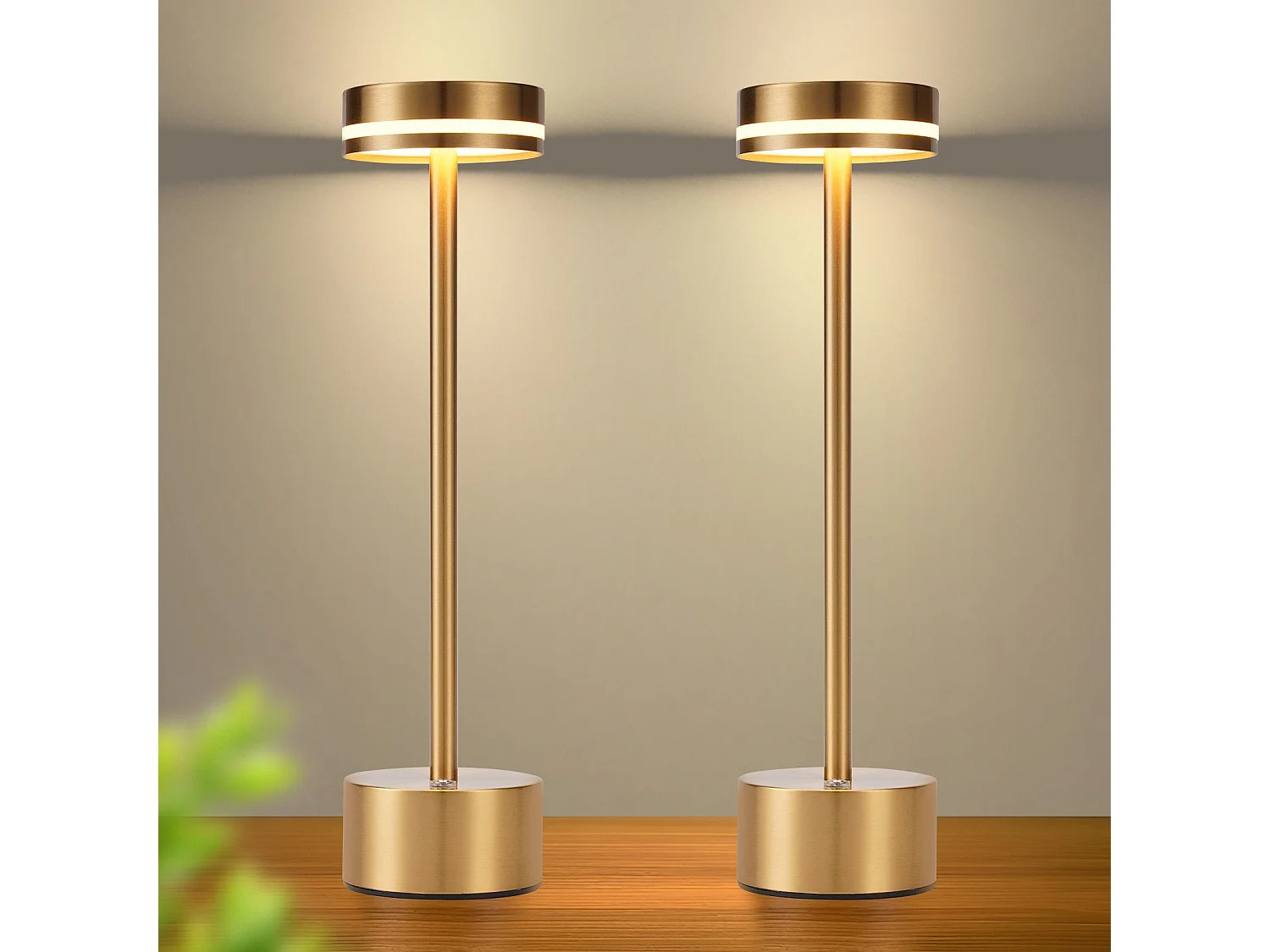 Lampa stołowa LED NETTLIFE bezprzewodowa, zasilana bateryjnie, ściemnialna, ładowana przez USB-C, sterowanie dotykowe, złota, do sypialni (złota, 2 sztuki) 4360566 - obrazek 1