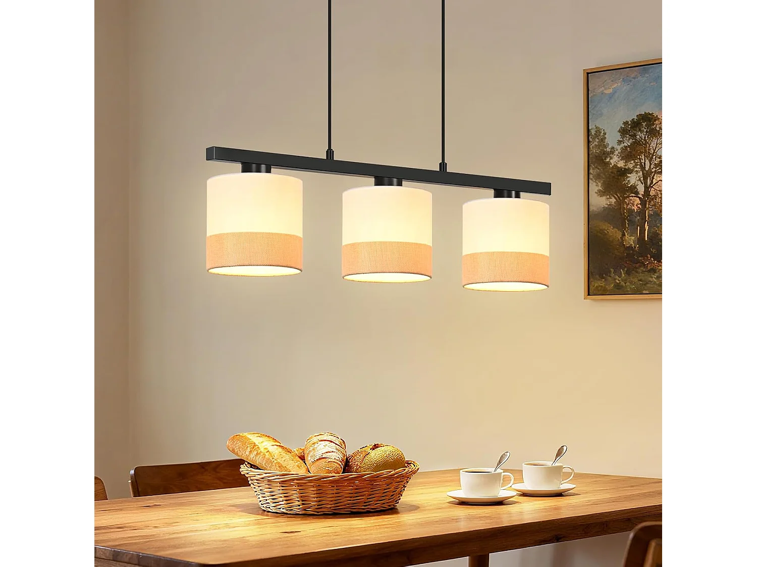 Lampa wisząca Nettlife nad stół jadalny, 3-punktowa lampa wisząca w stylu vintage, biały klosz z tkaniny, regulowana wysokość, E27 (żarówki nie są dołączone) 4860916 - obrazek 1
