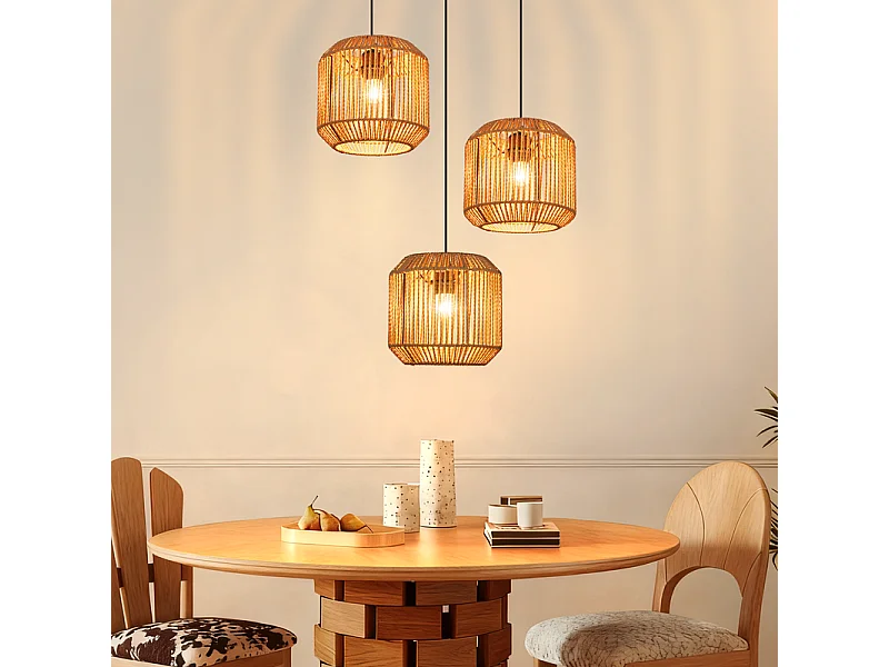 Lampa wisząca Nettlife Boho Rattan na stół jadalny – 3 żarówki E27, regulowana wysokość, styl retro, do salonu/sypialni (żarówki nie są dołączone) 4860975 - obrazek 1