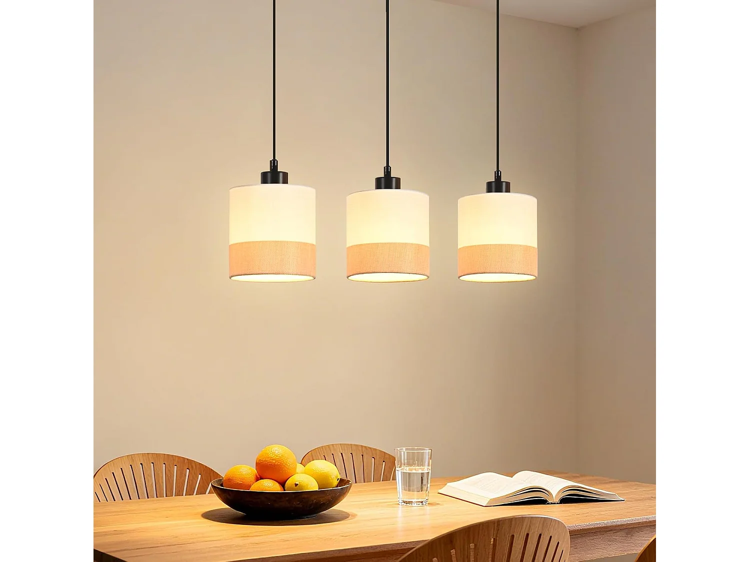 Lampa wisząca Nettlife Vintage do jadalni – 3-punktowa lampa wisząca z tkaniny, regulowana wysokość, retro E27, biała (żarówki nie są dołączone) 4861000 - obrazek 1