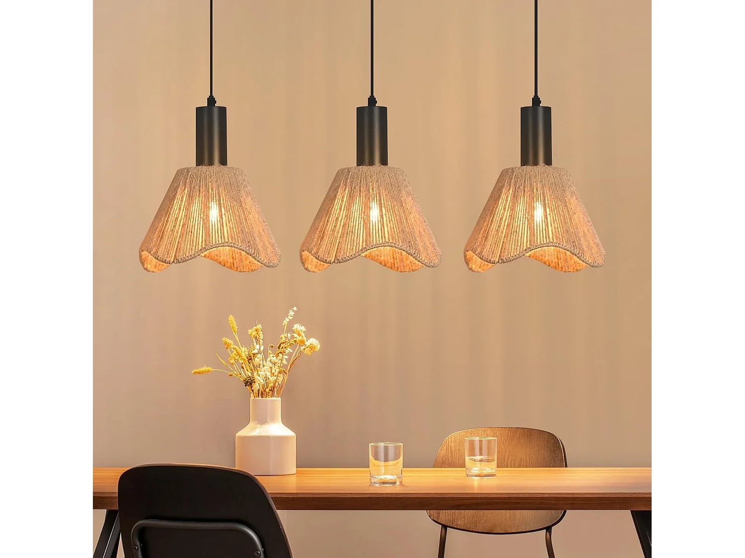 Lampa wisząca Nettlife Boho Rattan z 3 żarówkami – żyrandol z plecionej liny konopnej w stylu vintage, E27 – oświetlenie kuchni/jadalni (żarówki nie są dołączone) 4861023 - obrazek 1