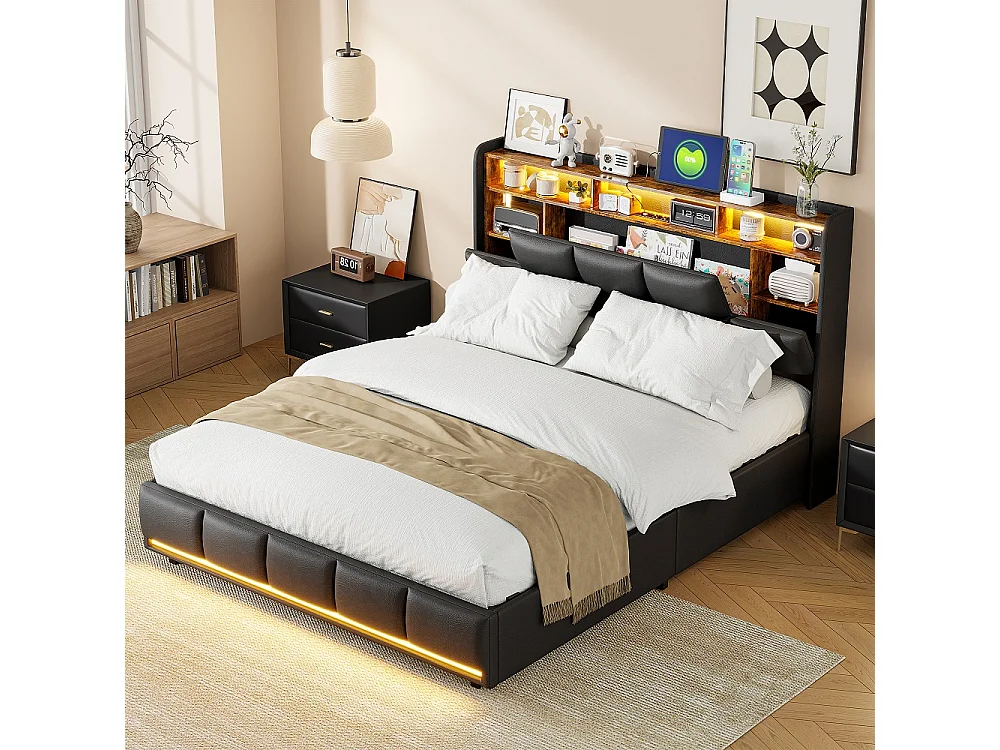 Łóżko podwójne 160x200 cm z czarnej skóry PU z hydraulicznym schowkiem, wbudowanym oświetleniem LED i portami USB, nowoczesny design 4931472 - obrazek 1