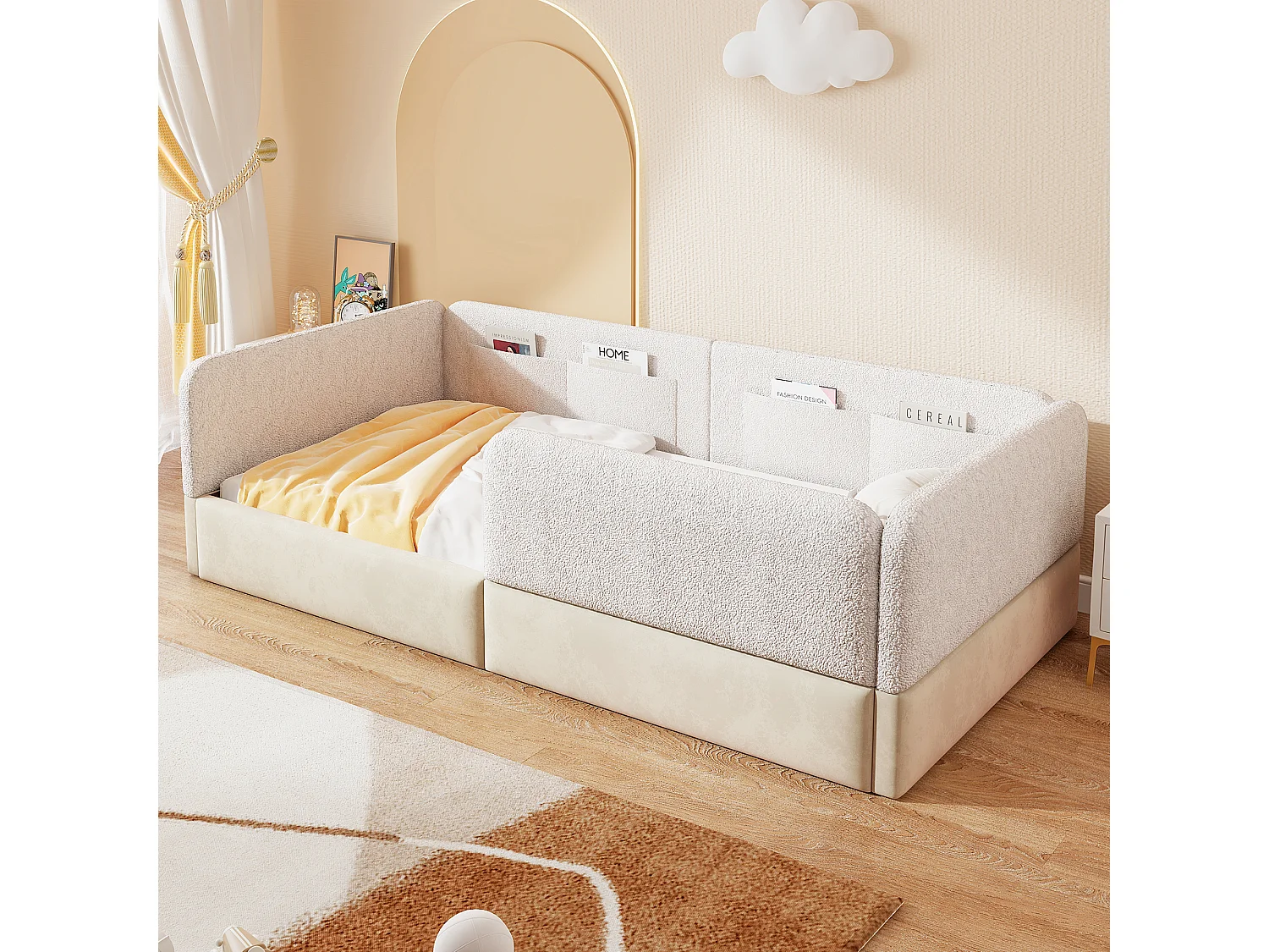 Łóżko tapicerowane platformowe dla dzieci - 90 x 200 cm - z barierką zabezpieczającą + torba do przechowywania - MDF + PU - białe 4932143 - obrazek 1