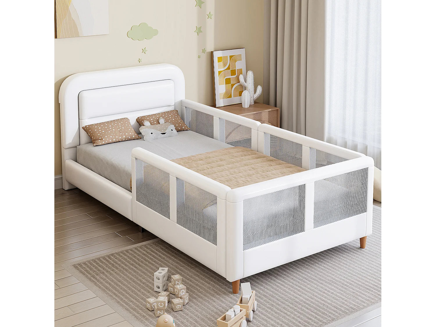 Łóżko tapicerowane platformowe dla dzieci - 90 x 200 cm - z barierką bezpieczeństwa - MDF + PU - białe 4932155 - obrazek 1