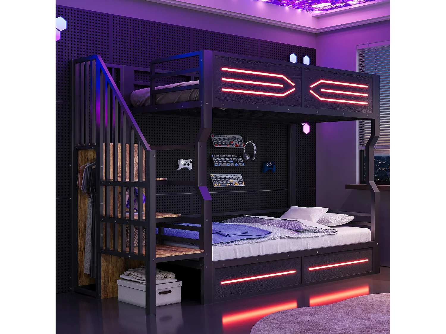 Łóżko piętrowe z kutego żelaza 90×200 cm - z drabiną z pojemnikami - z oświetleniem LED - z drabiną bezpieczeństwa - czarny​ (materac nie jest wliczony w cenę) 4932215 - obrazek 1