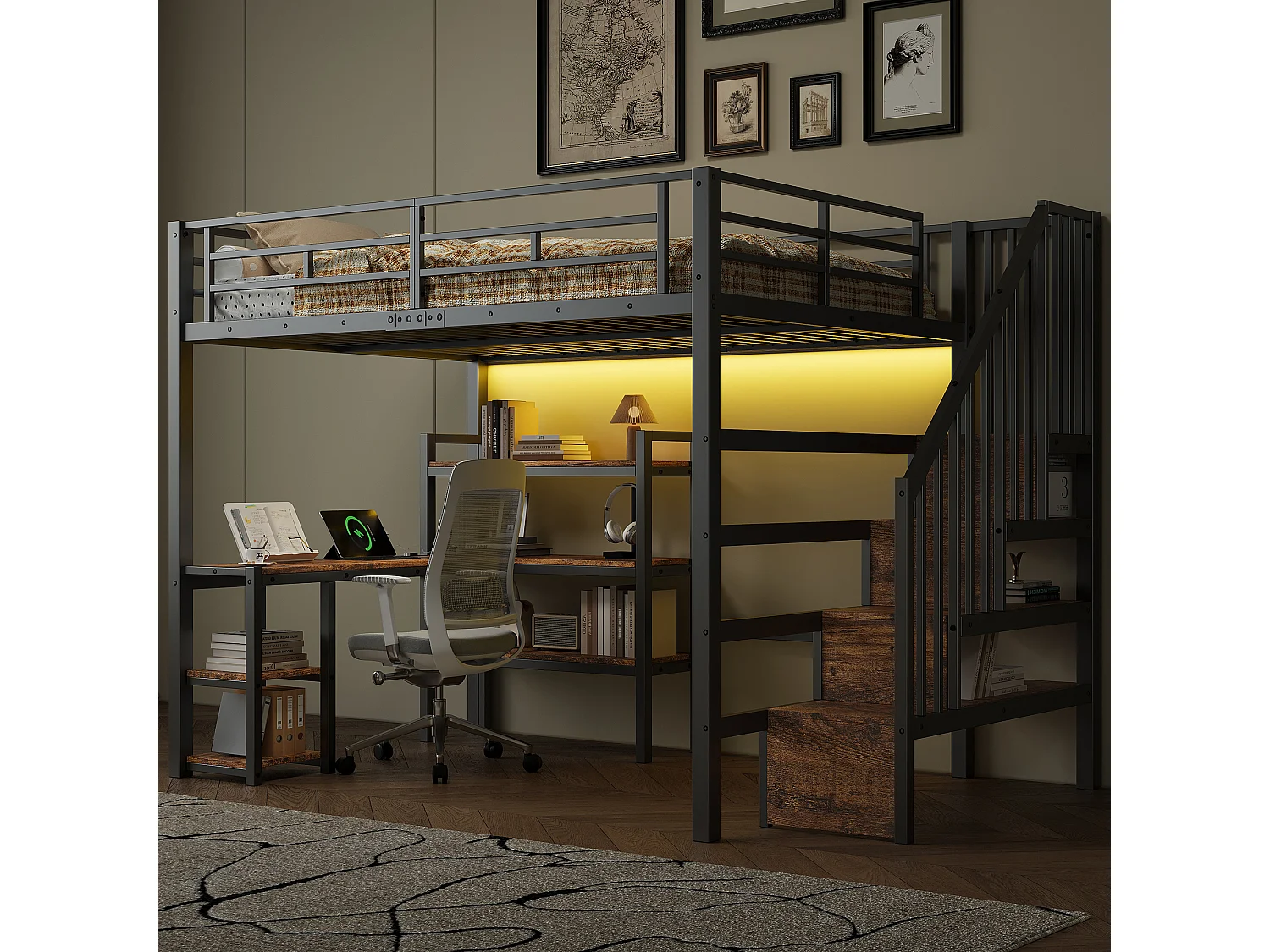 Łóżko piętrowe metalowe - 140 x 200 cm - z drabinką + biurko + port USB + diody LED - czarne 4932246 - obrazek 1