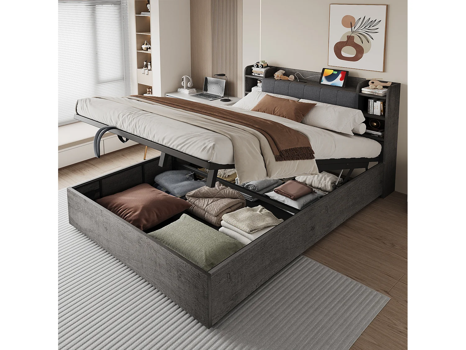 Łóżko podwójne ze schowkiem - 180 x 200 cm - z hydraulicznym schowkiem + zagłówek + USB - MDF - szare 4932243 - obrazek 1