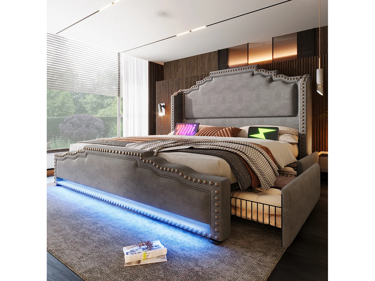 Łóżko tapicerowane z pojemnikiem - 180 x 200 cm - z 4 szufladami + diody LED + USB + stelaż - aksamit - szary 4932248 - obrazek 1