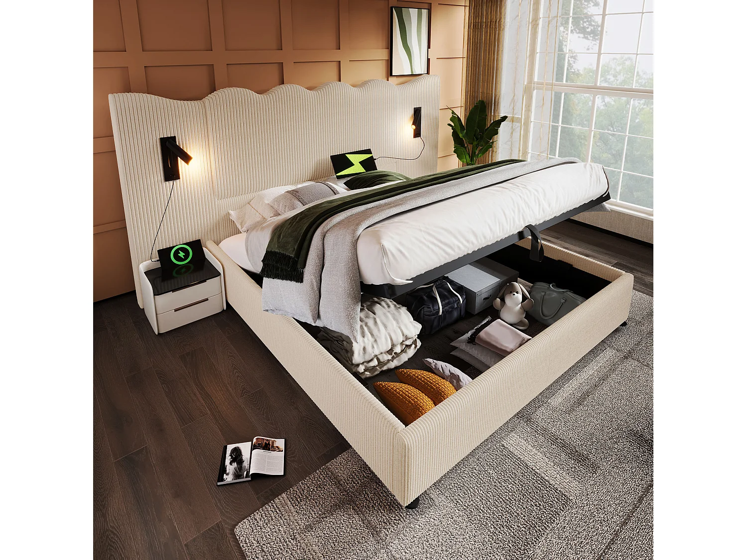 Łóżko tapicerowane dwuosobowe ze schowkiem - 180 x 200 cm - z lampką do czytania + portem USB + stelażem - aksamit - beż 4932253 - obrazek 1