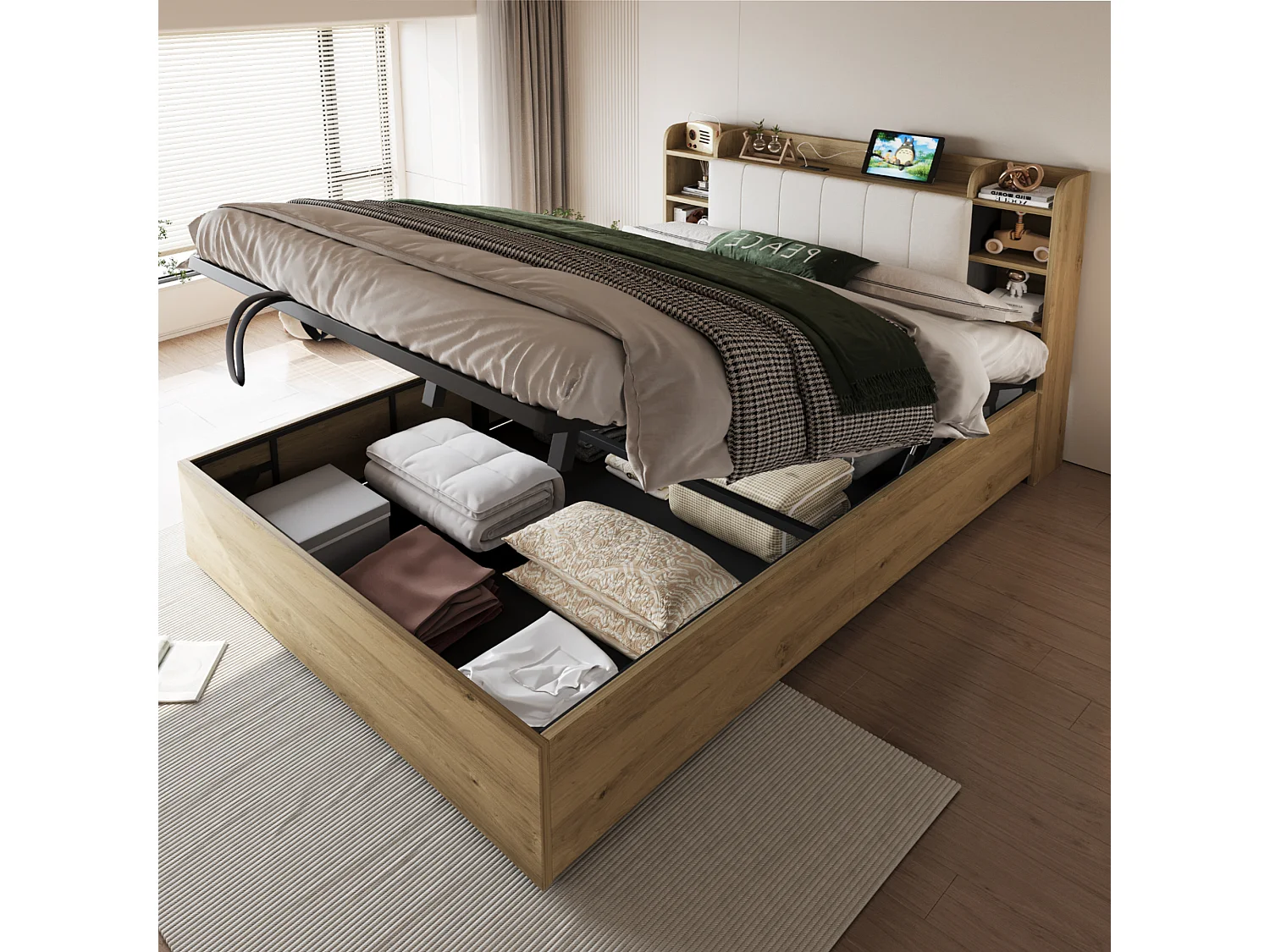 Łóżko podwójne ze schowkiem - 180 x 200 cm - z hydraulicznym schowkiem + zagłówek + port USB - MDF - naturalne 4932256 - obrazek 1