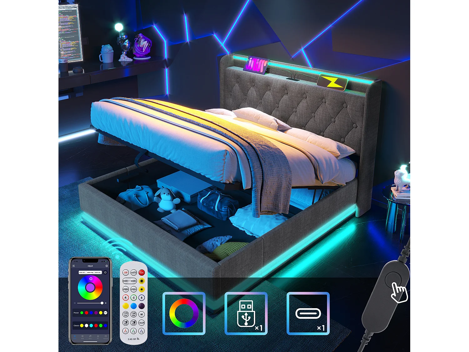 Łóżko tapicerowane ze schowkiem - 180 x 200 cm - z diodami LED + schowek hydrauliczny + USB - len - szary 4932263 - obrazek 1