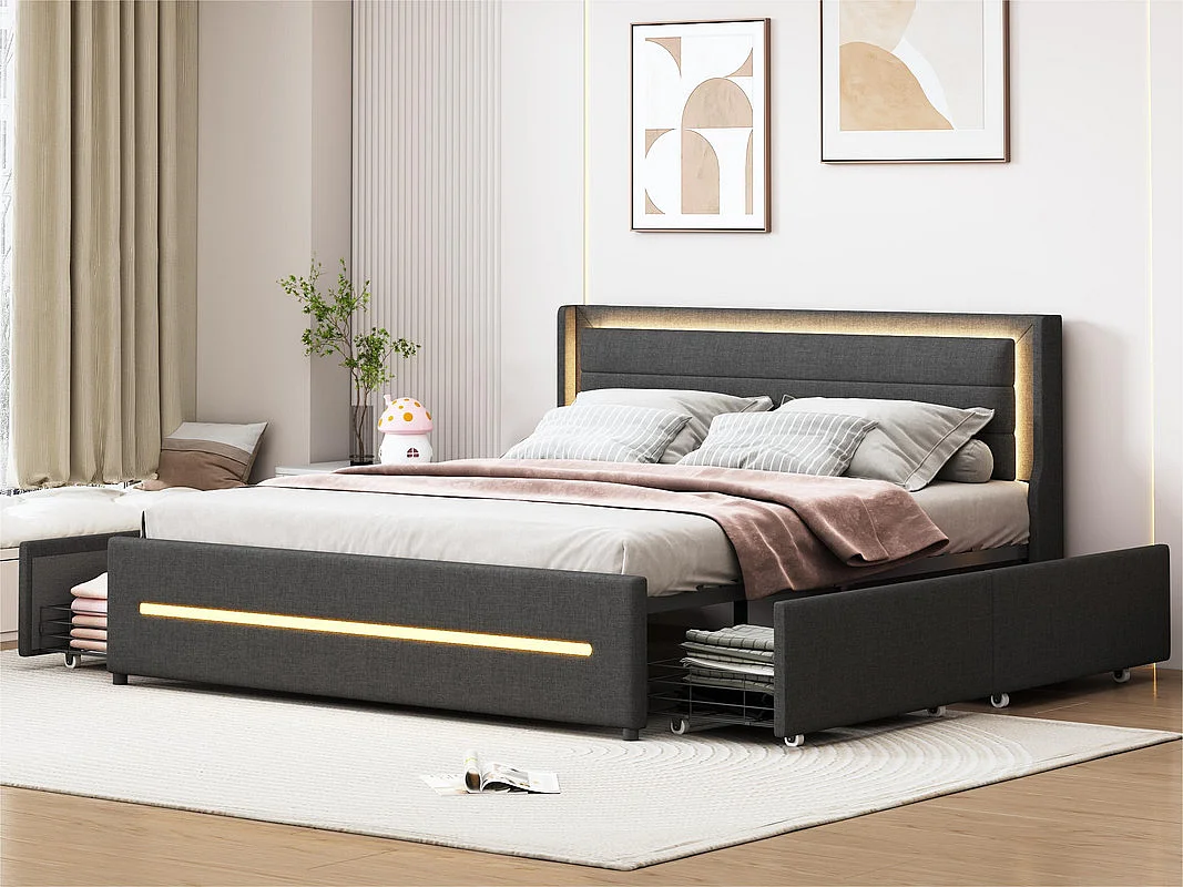 Łóżko podwójne tapicerowane 160x200cm z lnu - z 4 szufladami i oświetleniem LED - z stelażem na listwy - Szare 2753075 - obrazek 1