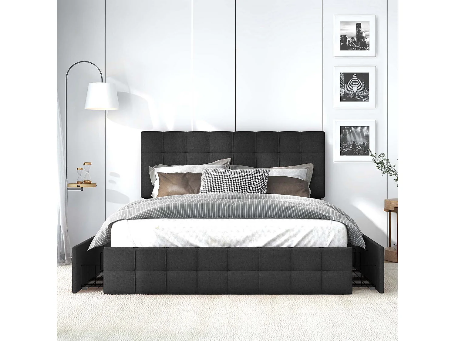 Łóżko pościelowe tapicerowane z 4 szufladami - regulowany zagłówek + metalowa podstawa - 140x200cm - Czarny 1384827 - obrazek 1