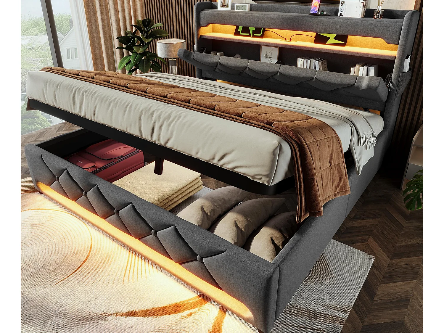 Tapicerowane łóżko z pojemnikiem 160x200 cm - z LED i portami ładowania USB - Tkanina lniana - Wezgłowie z przestrzenią do przechowywania - Szary 4089802 - obrazek 1