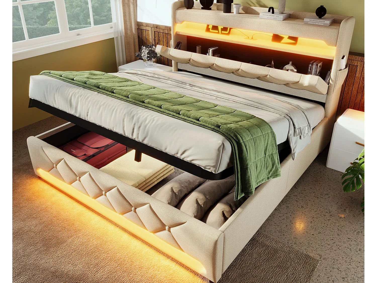 Tapicerowane łóżko z pojemnikiem 140x200 cm - z LED i portami ładowania USB - Tkanina lniana - Wezgłowie z przestrzenią do przechowywania - Beżowy 4089806 - obrazek 1