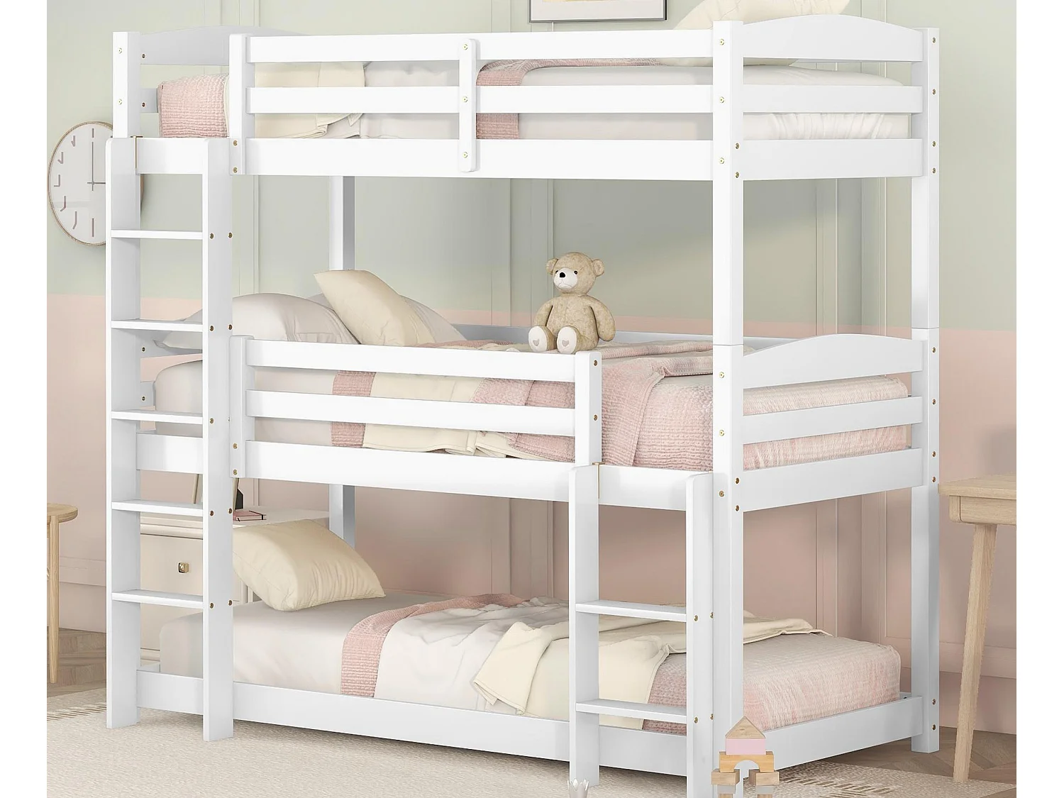 Łóżko piętrowe potrójne z drabiną i barierką ochronną – 90x200cm – drewno lite – Białe 1402159