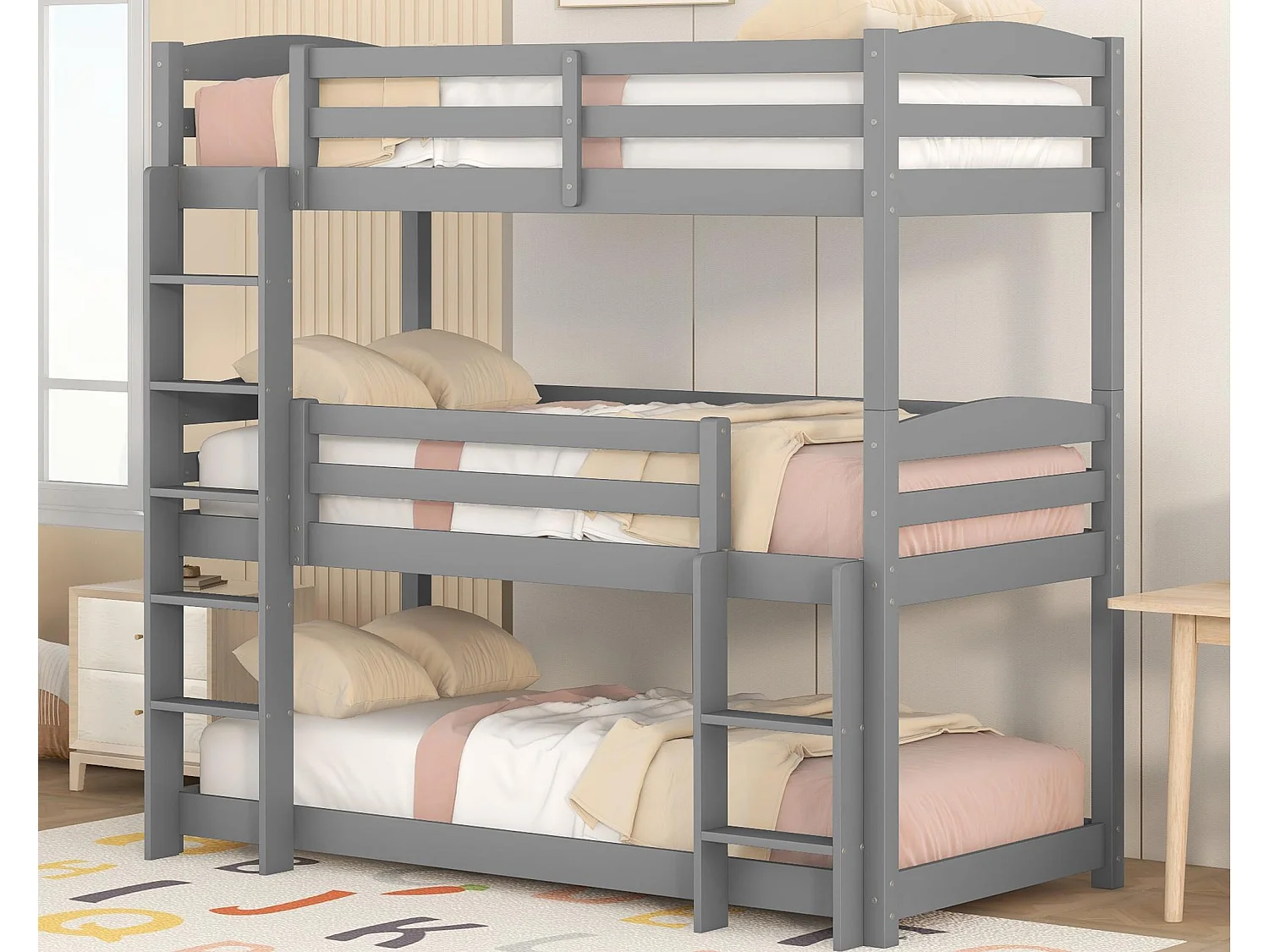 Łóżko piętrowe potrójne z drabiną i barierką ochronną – 90x200cm – drewno lite – Szary 1402161