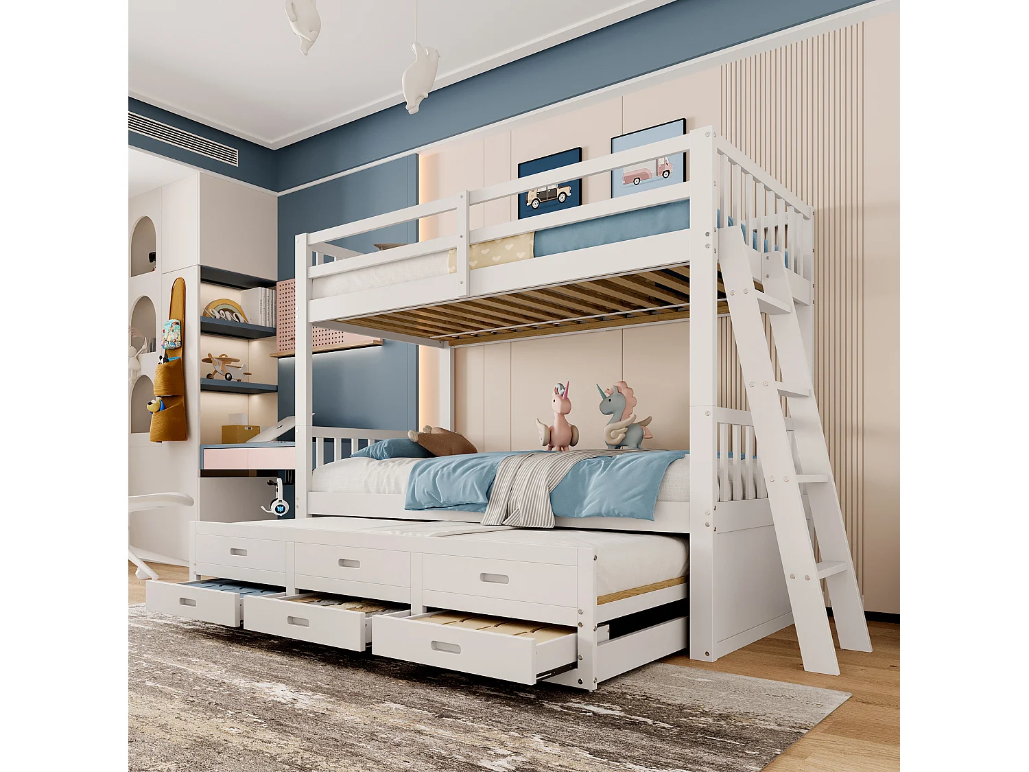 Łóżko piętrowe dla dzieci z łóżkiem wysuwanym dla 3 osób - 90 x 200 cm - 3 szuflady - sosna i MDF - białe 2123955 - obrazek 1